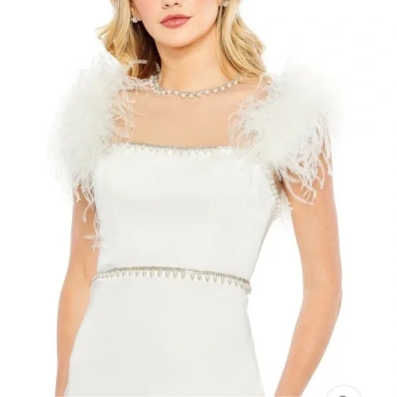 NWOT MAC DUGGAL FEATHER CAP SLEEVE PEARL EMBELLISHED T-LENGTH FIT DRESS sz 6 - Picture 5 of 11